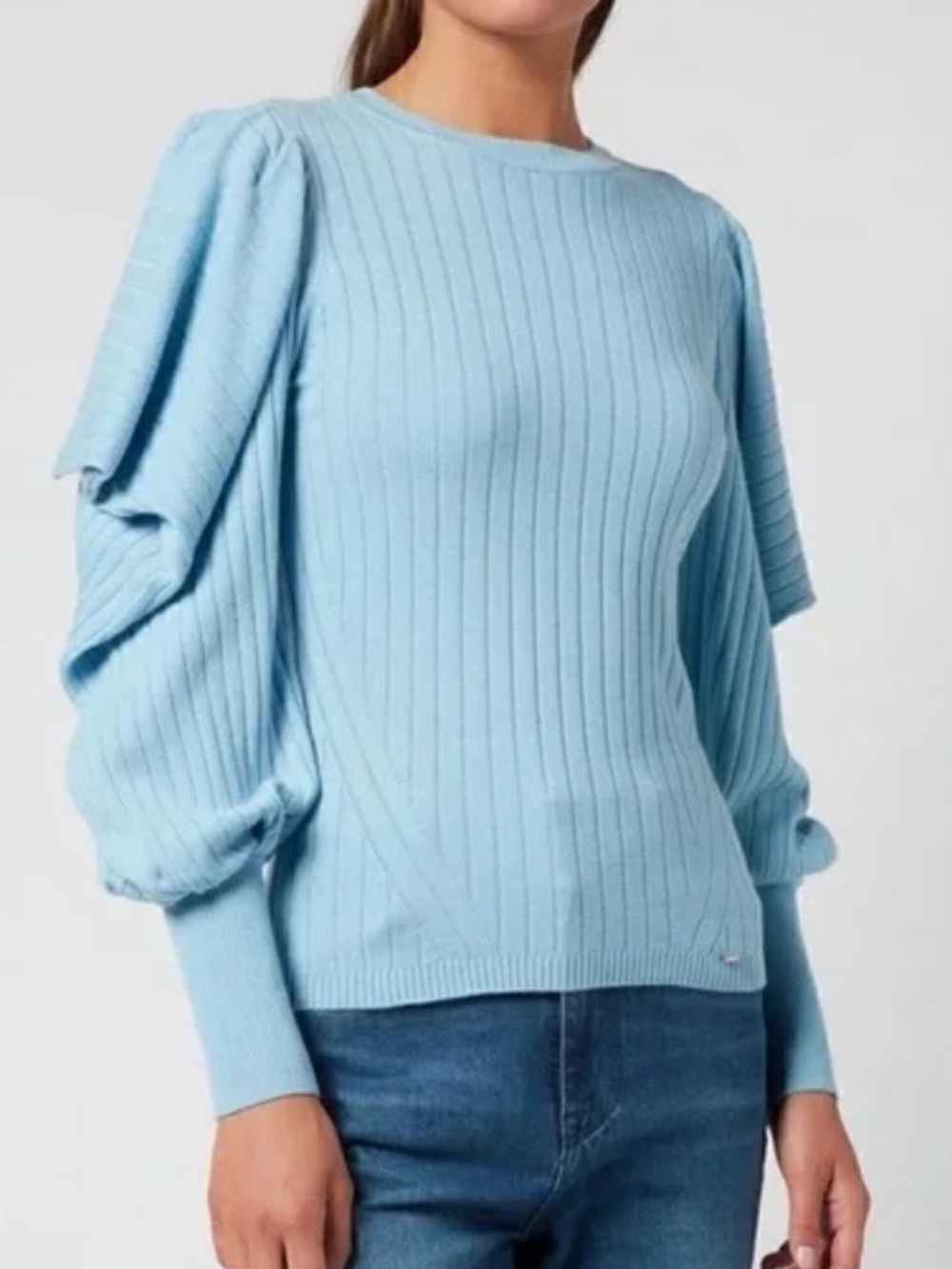 Ted Baker London Blue Ribbed Knit Crewneck Sweater with Dramatic Puff Sleeves